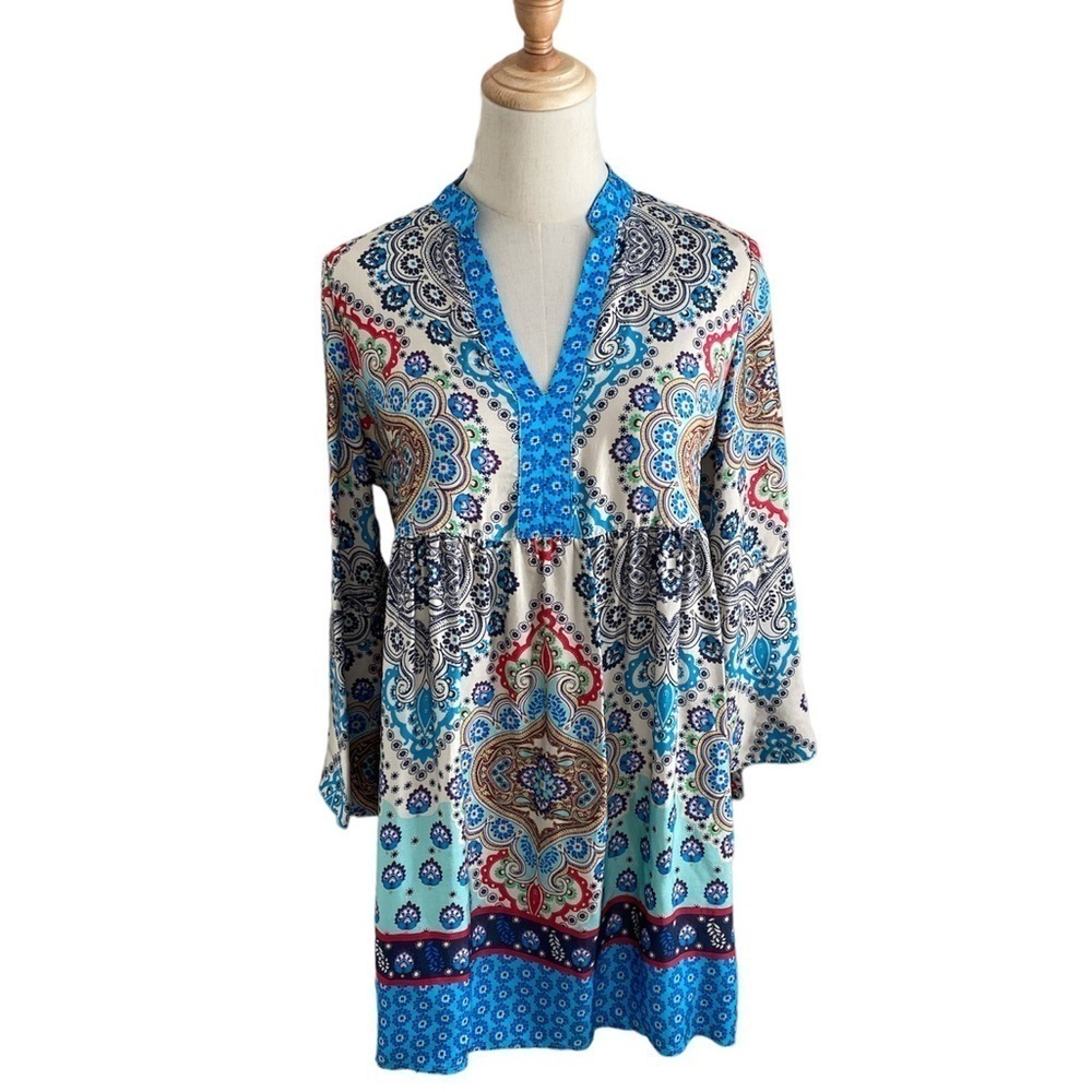 Anthropologie Uncle Frank Blue Multi Color Boho Bell Sleeve Tunic Blouse Size XS